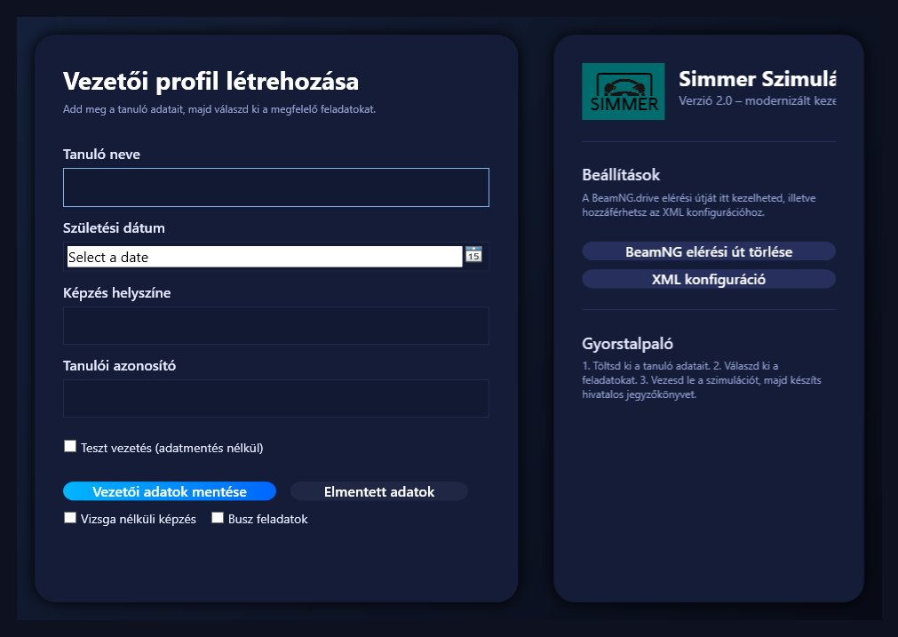 Simmer – Vezetői profil létrehozása képernyő